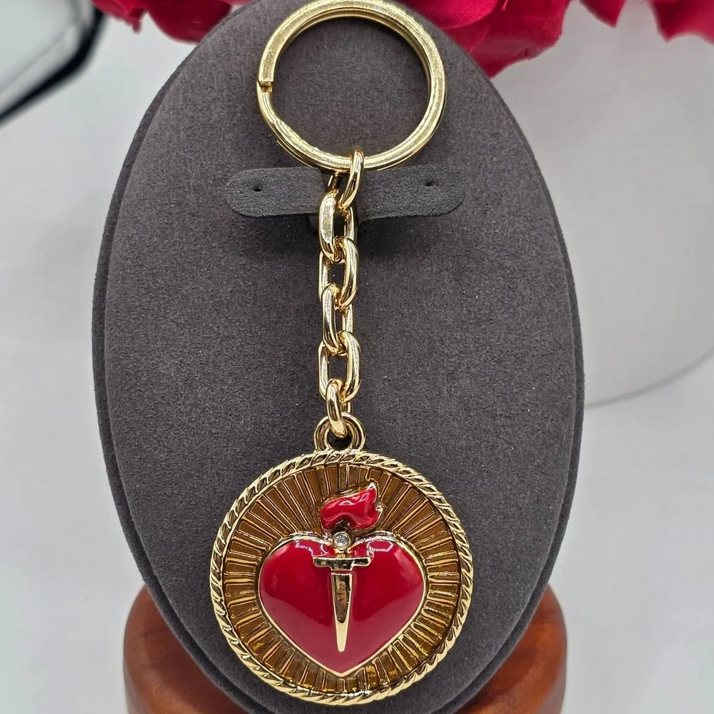St. John Sacred Heart Gold Tone Red Enamel‎ Keychain Fob Bag Charm Designer